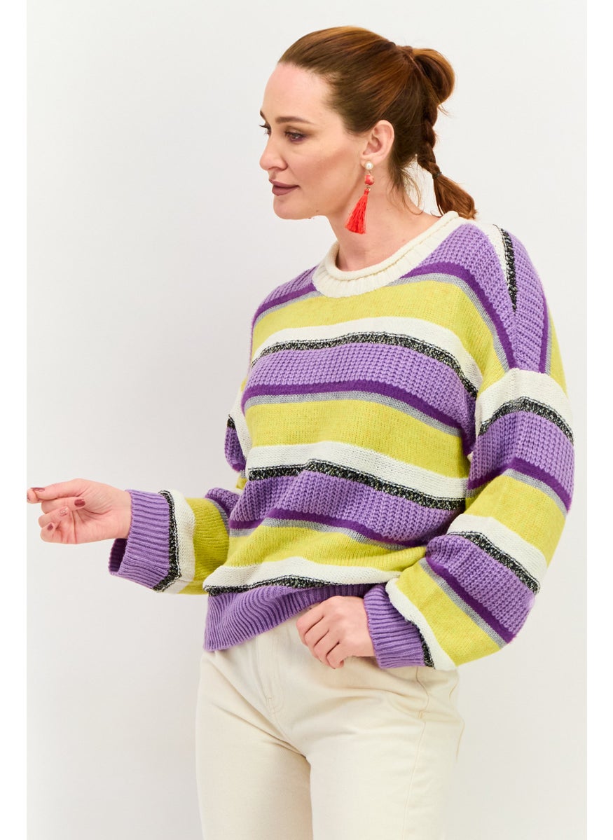 Women Crew Neck Long Sleeves Stripe Sweater, Purple Combo