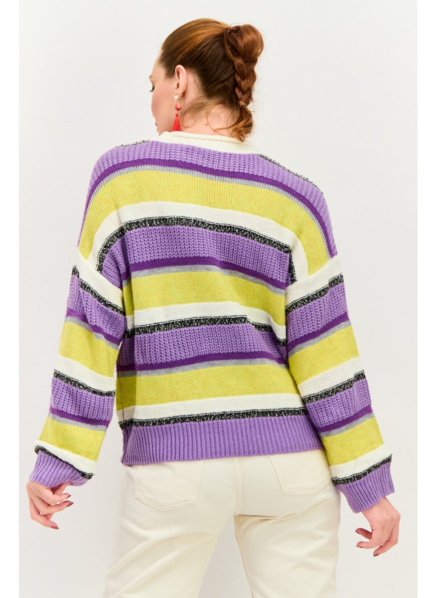 Women Crew Neck Long Sleeves Stripe Sweater, Purple Combo