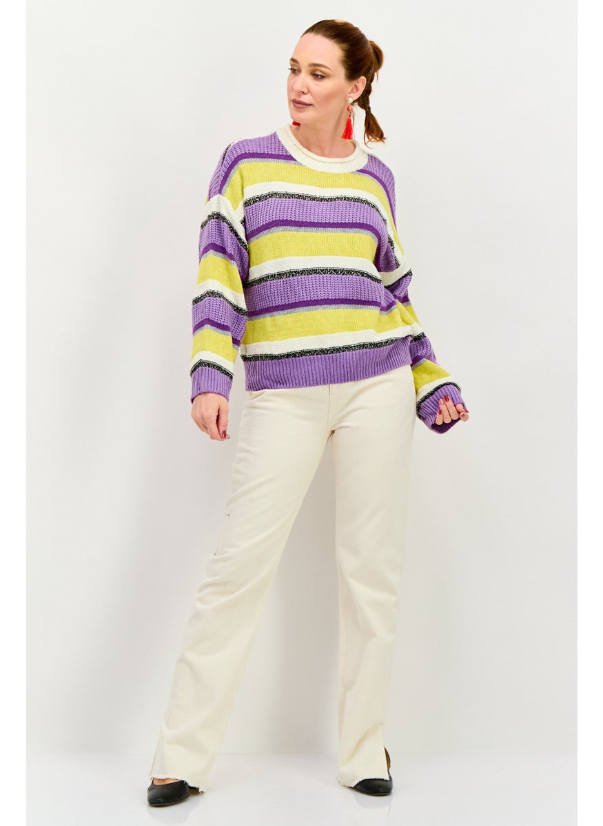 Women Crew Neck Long Sleeves Stripe Sweater, Purple Combo