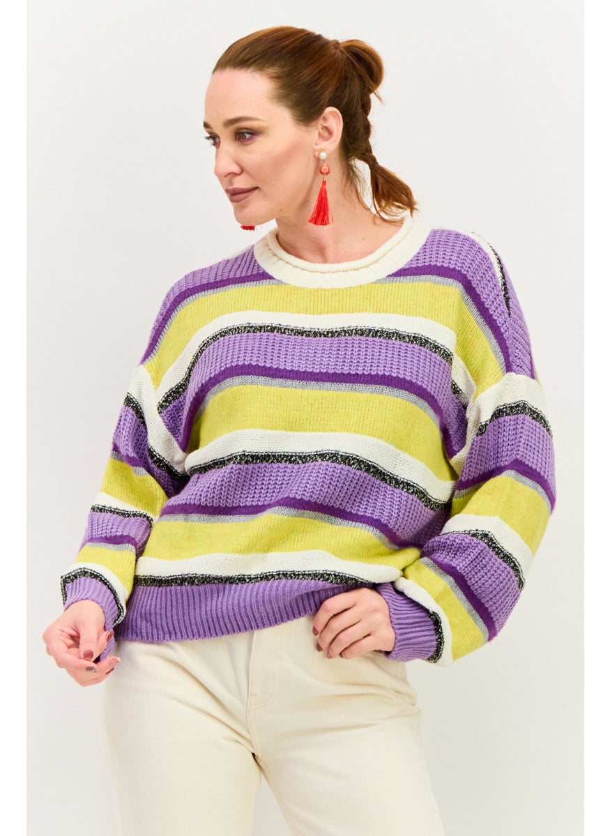 Women Crew Neck Long Sleeves Stripe Sweater, Purple Combo