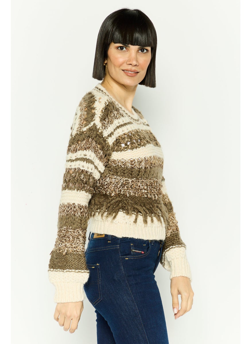 Women Round Neck Knitted Sweater, Off White
