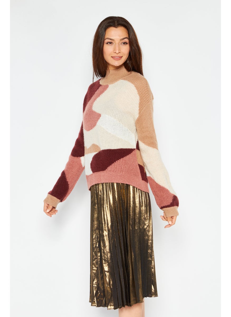 Women 2 Pcs Sweater and Metallic Skirt Set, Brown