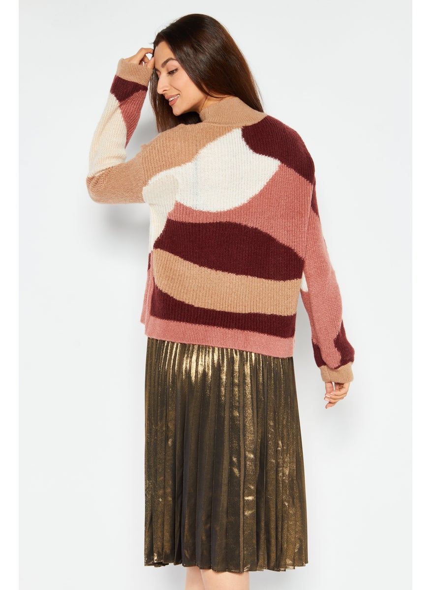 Women 2 Pcs Sweater and Metallic Skirt Set, Brown