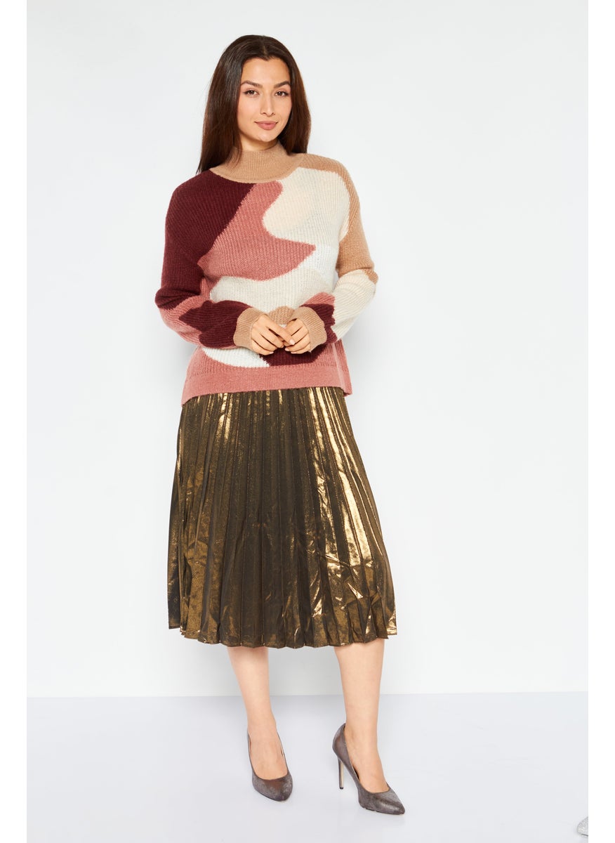 Women 2 Pcs Sweater and Metallic Skirt Set, Brown