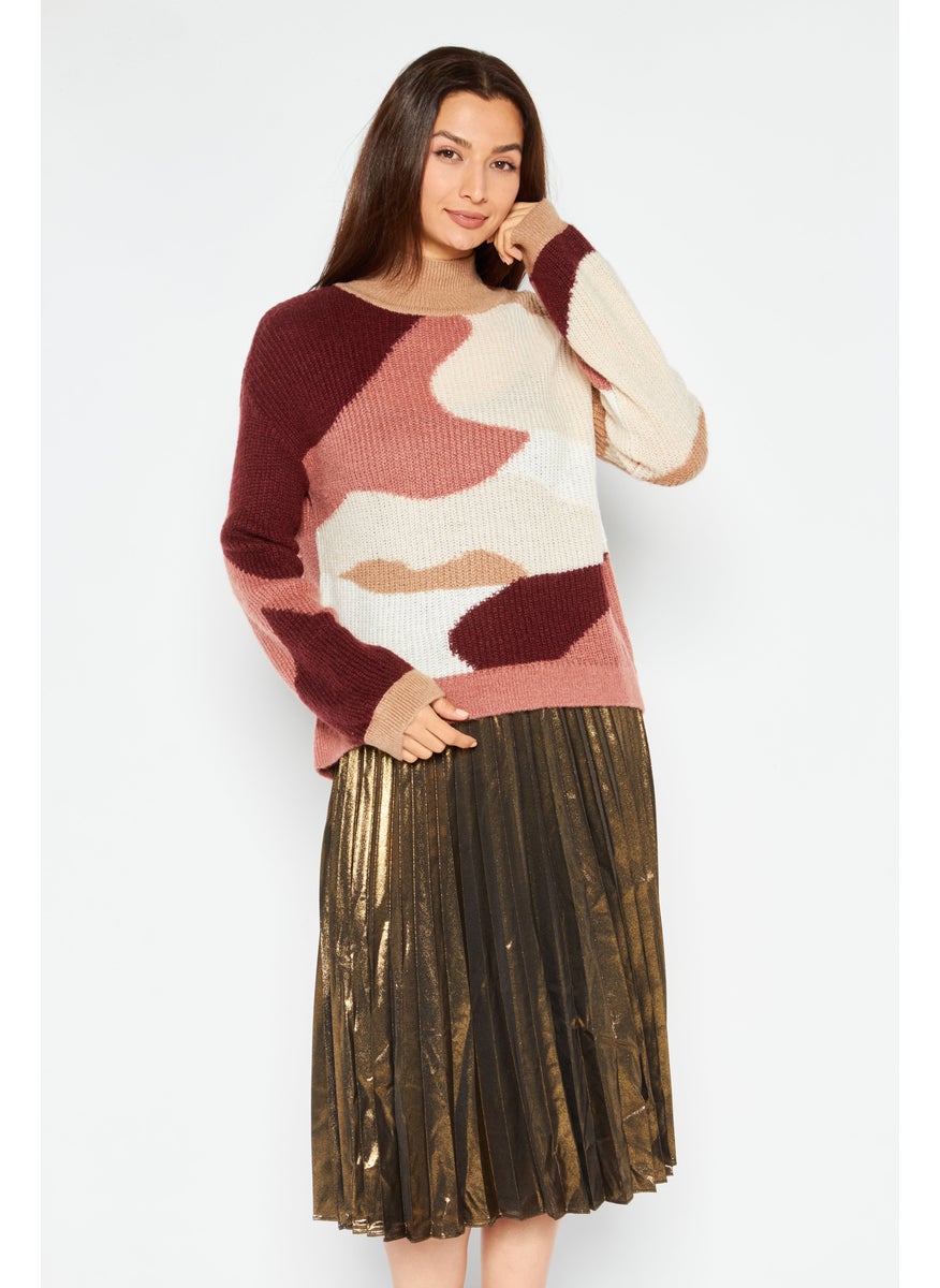 Women 2 Pcs Sweater and Metallic Skirt Set, Brown