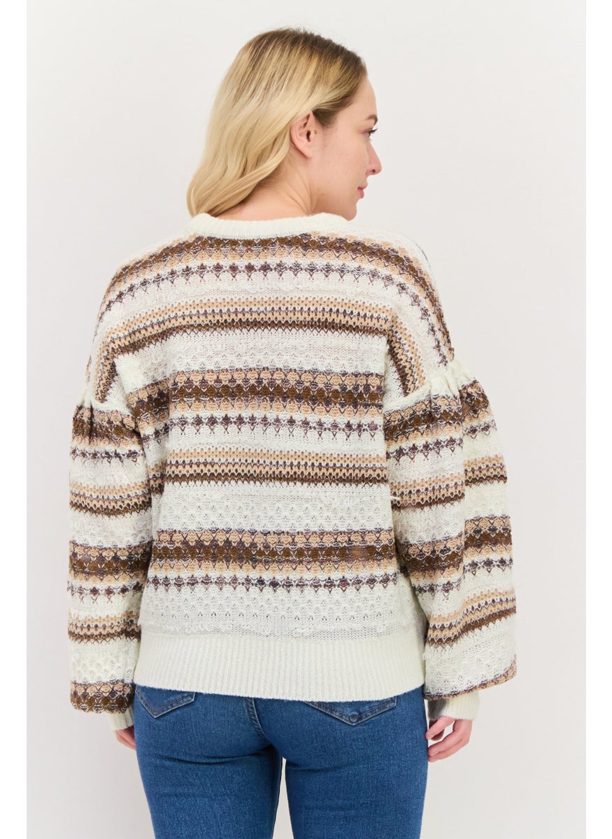Women Round Neck Long Sleeves Knitted Stripe Sweater, White