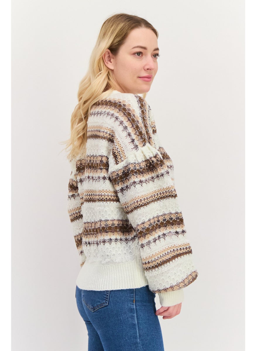 Women Round Neck Long Sleeves Knitted Stripe Sweater, White