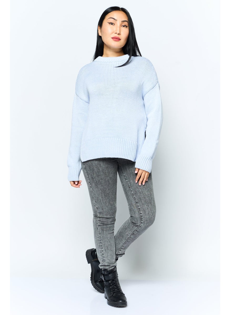 Women Crew Neck Textured Sweater, Light Blue