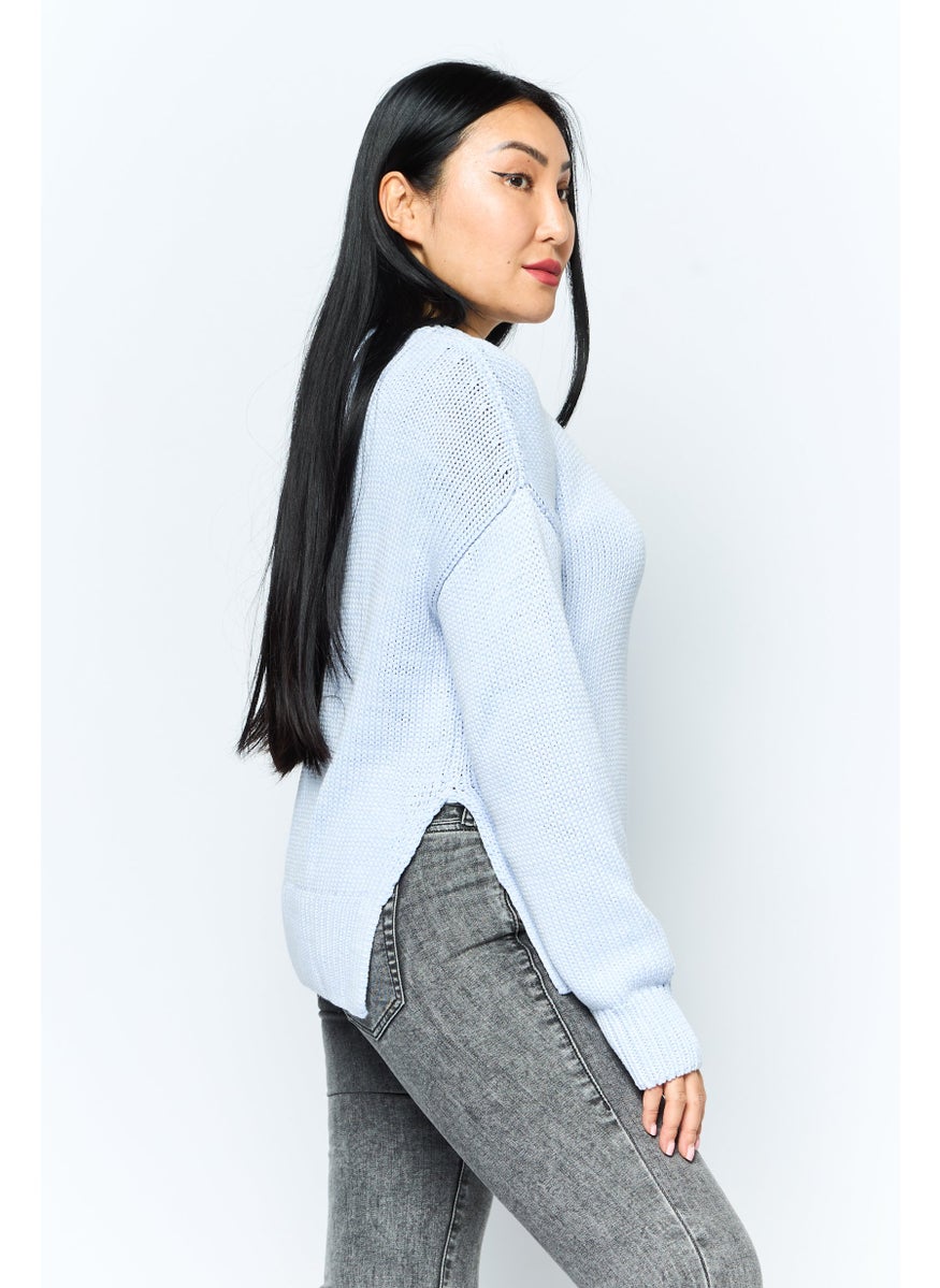 Women Crew Neck Textured Sweater, Light Blue