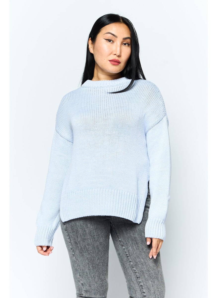Women Crew Neck Textured Sweater, Light Blue