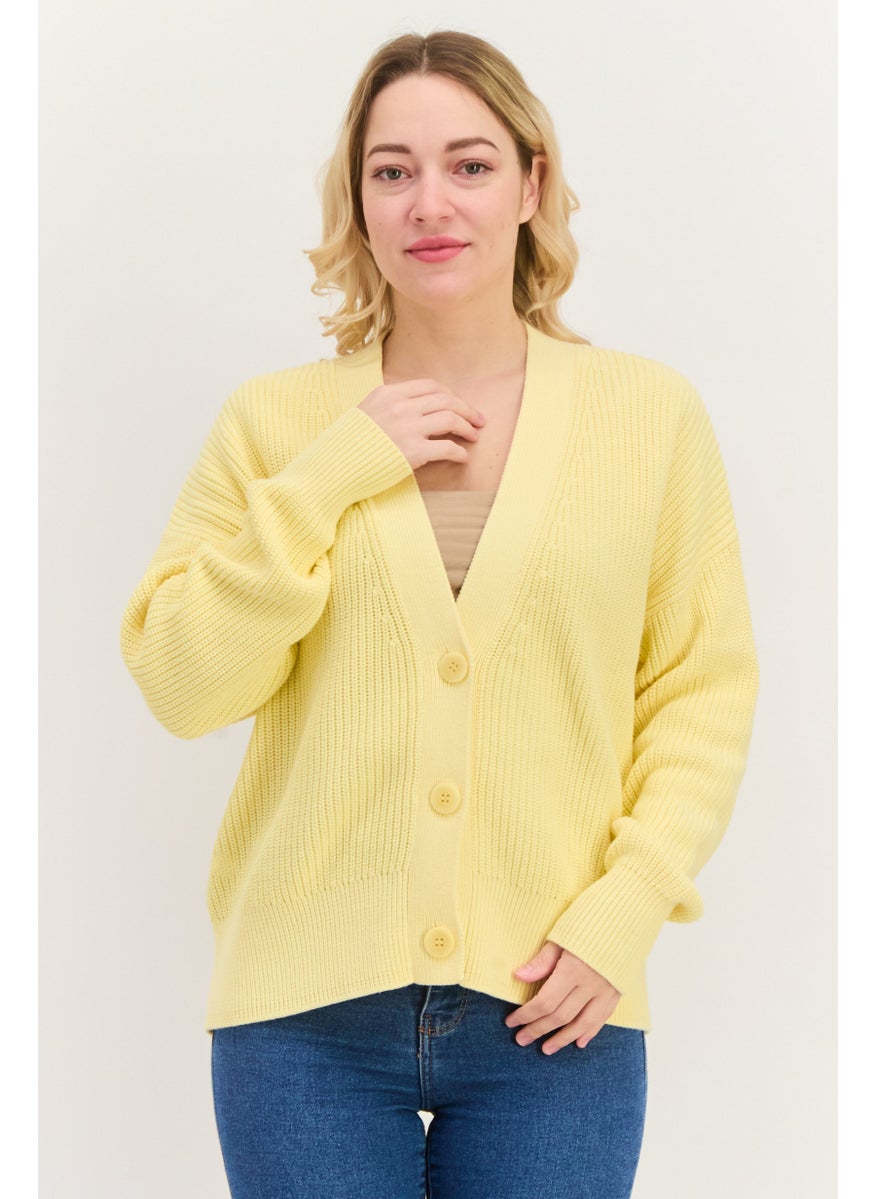 Women  V Neck Textured Long Sleeves Cardigans, Yellow