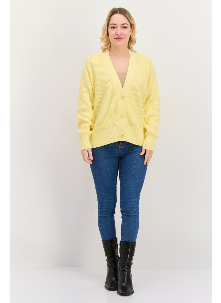 Women  V Neck Textured Long Sleeves Cardigans, Yellow