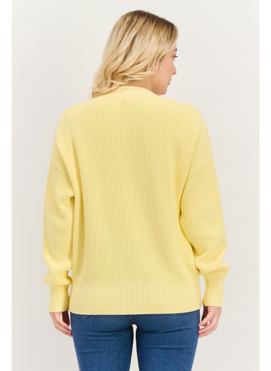 Women  V Neck Textured Long Sleeves Cardigans, Yellow