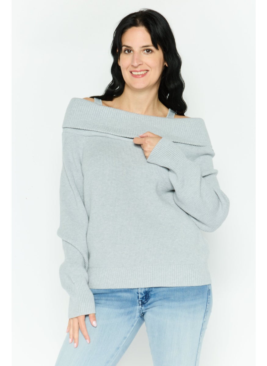 Women Turndown Collar Knitted Print Long Sleeves Sweater, Grey