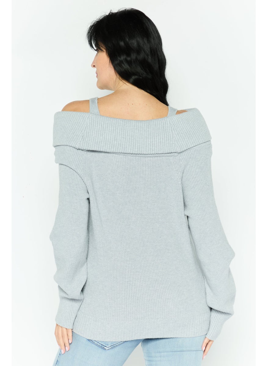 Women Turndown Collar Knitted Print Long Sleeves Sweater, Grey