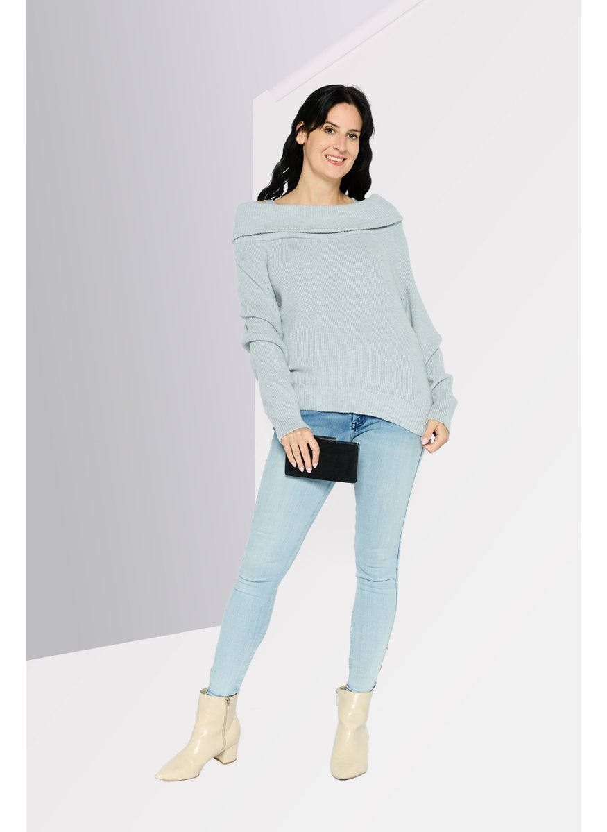 Women Turndown Collar Knitted Print Long Sleeves Sweater, Grey