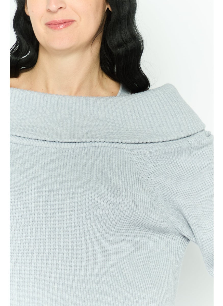 Women Turndown Collar Knitted Print Long Sleeves Sweater, Grey