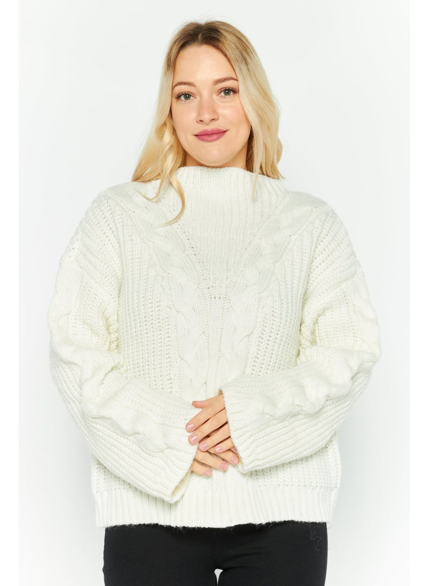 Women Hight Neck Textured Sweater, White