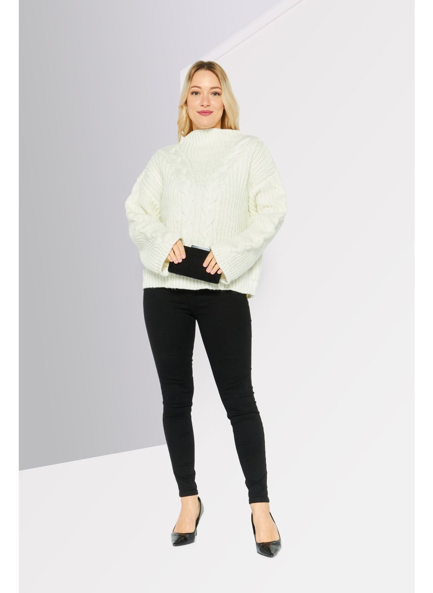 Women Hight Neck Textured Sweater, White