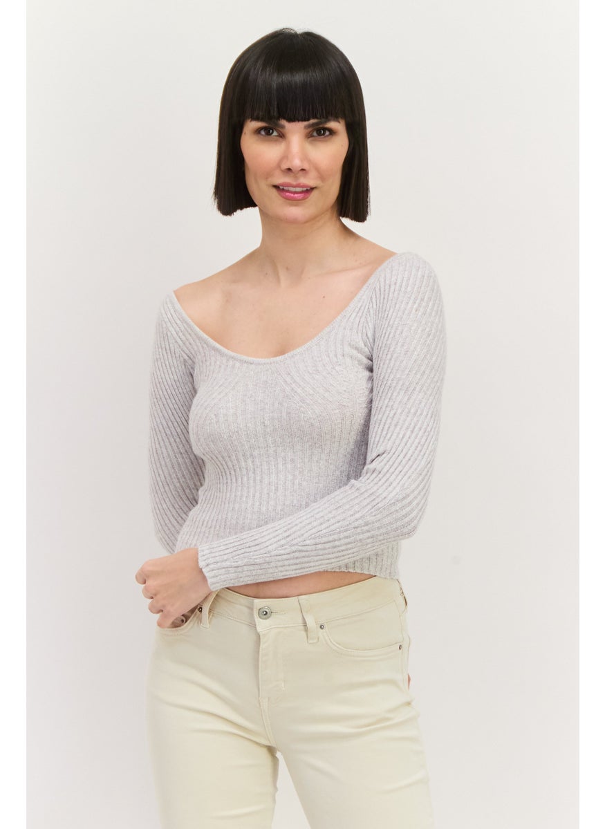 Women Scoop Neck Knitted Long Sleeves Sweater, Grey