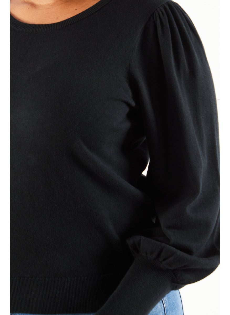 Women Crew Neck Ribbed Sweater, Black
