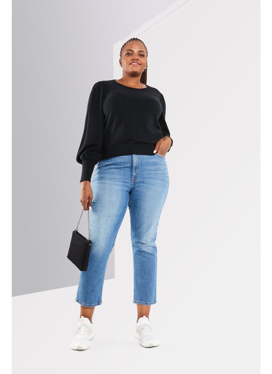 Women Crew Neck Ribbed Sweater, Black