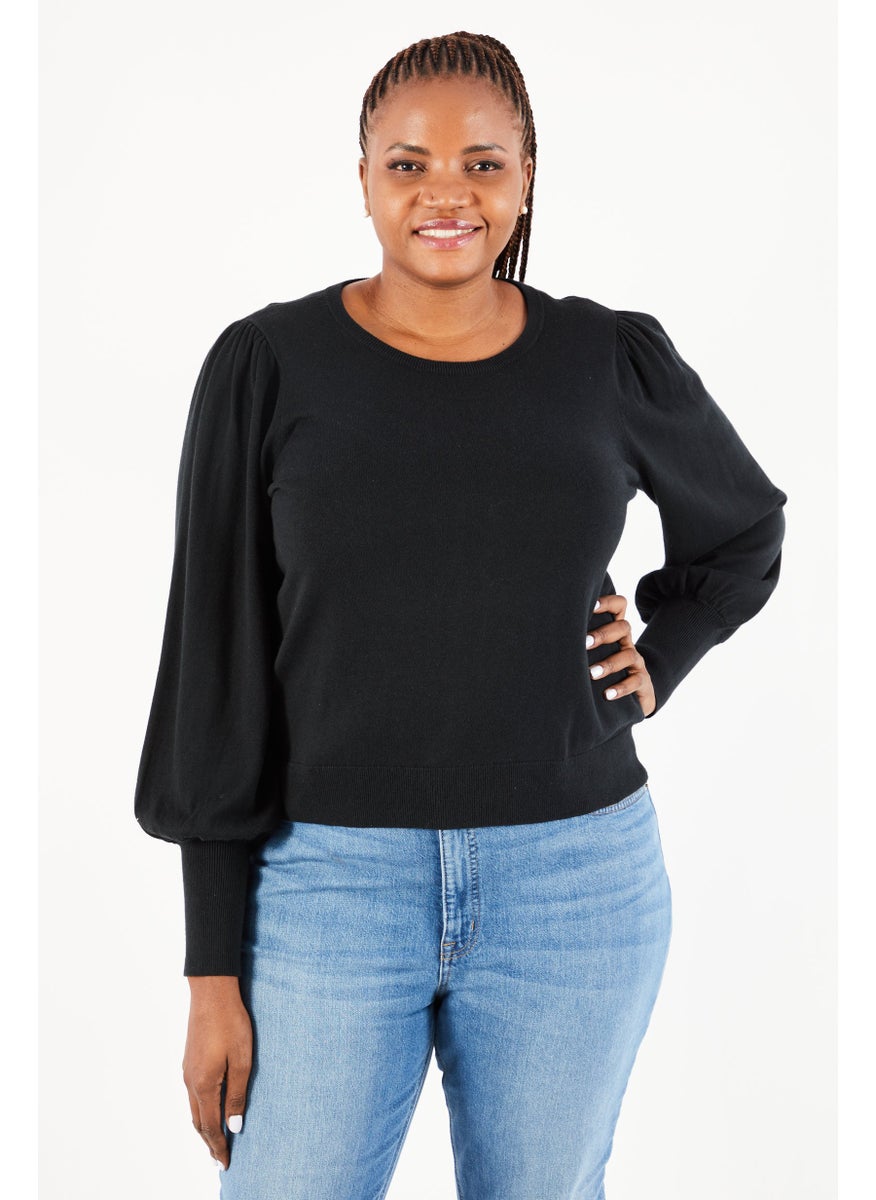 Women Crew Neck Ribbed Sweater, Black