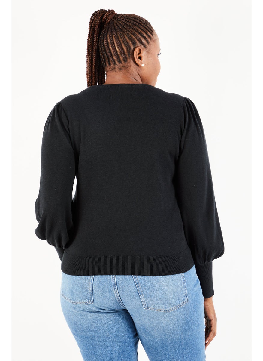 Women Crew Neck Ribbed Sweater, Black