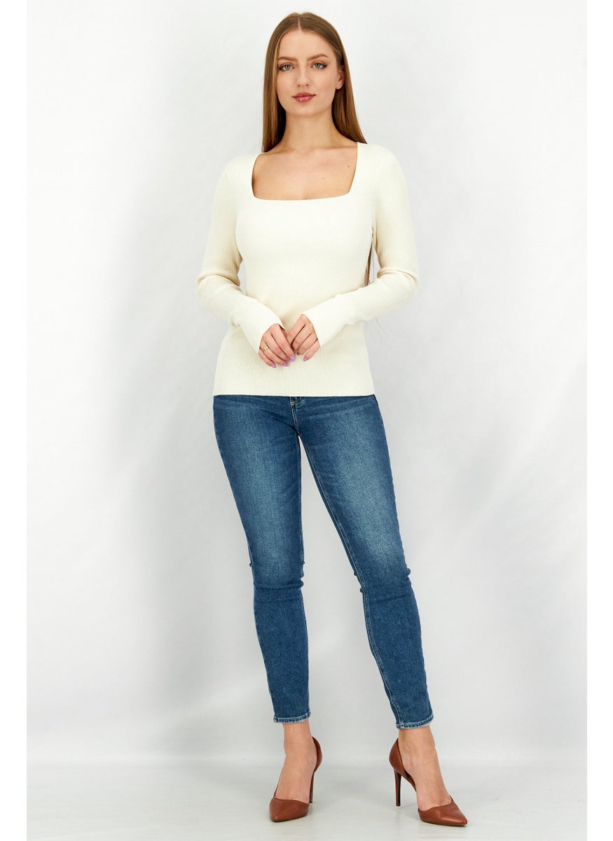 Women Square Neck Long Sleeve Plain Sweaters, Cream