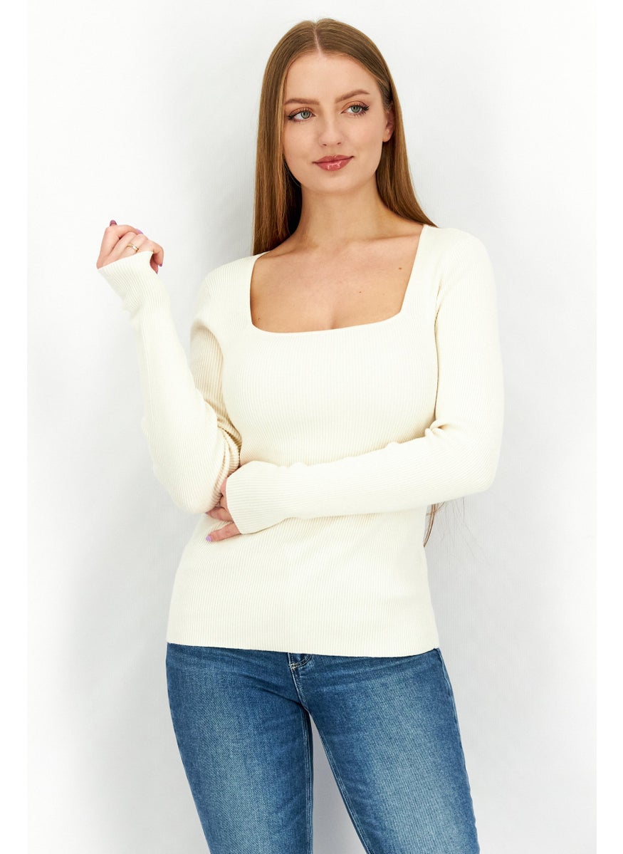 Women Square Neck Long Sleeve Plain Sweaters, Cream