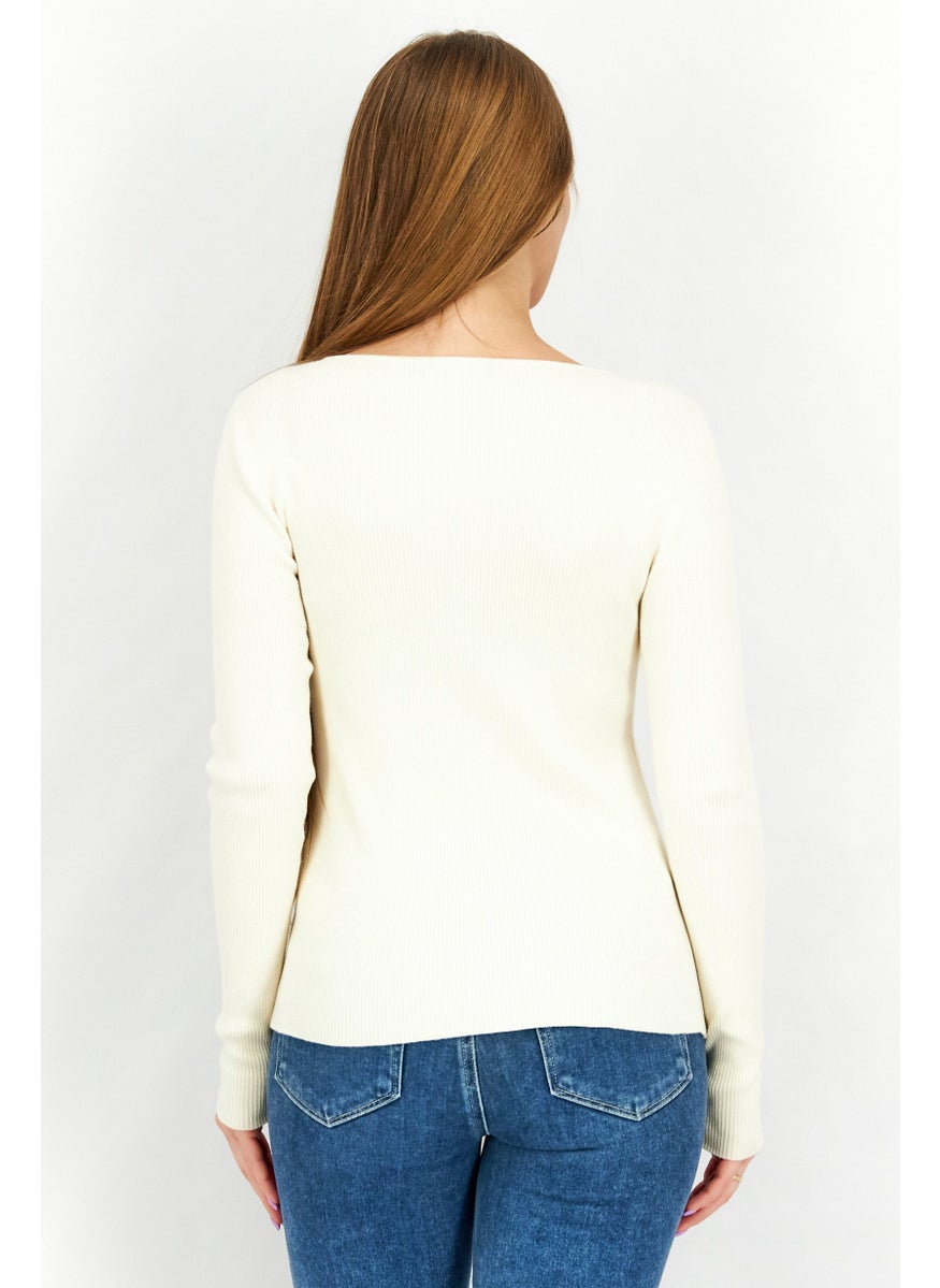 Women Square Neck Long Sleeve Plain Sweaters, Cream