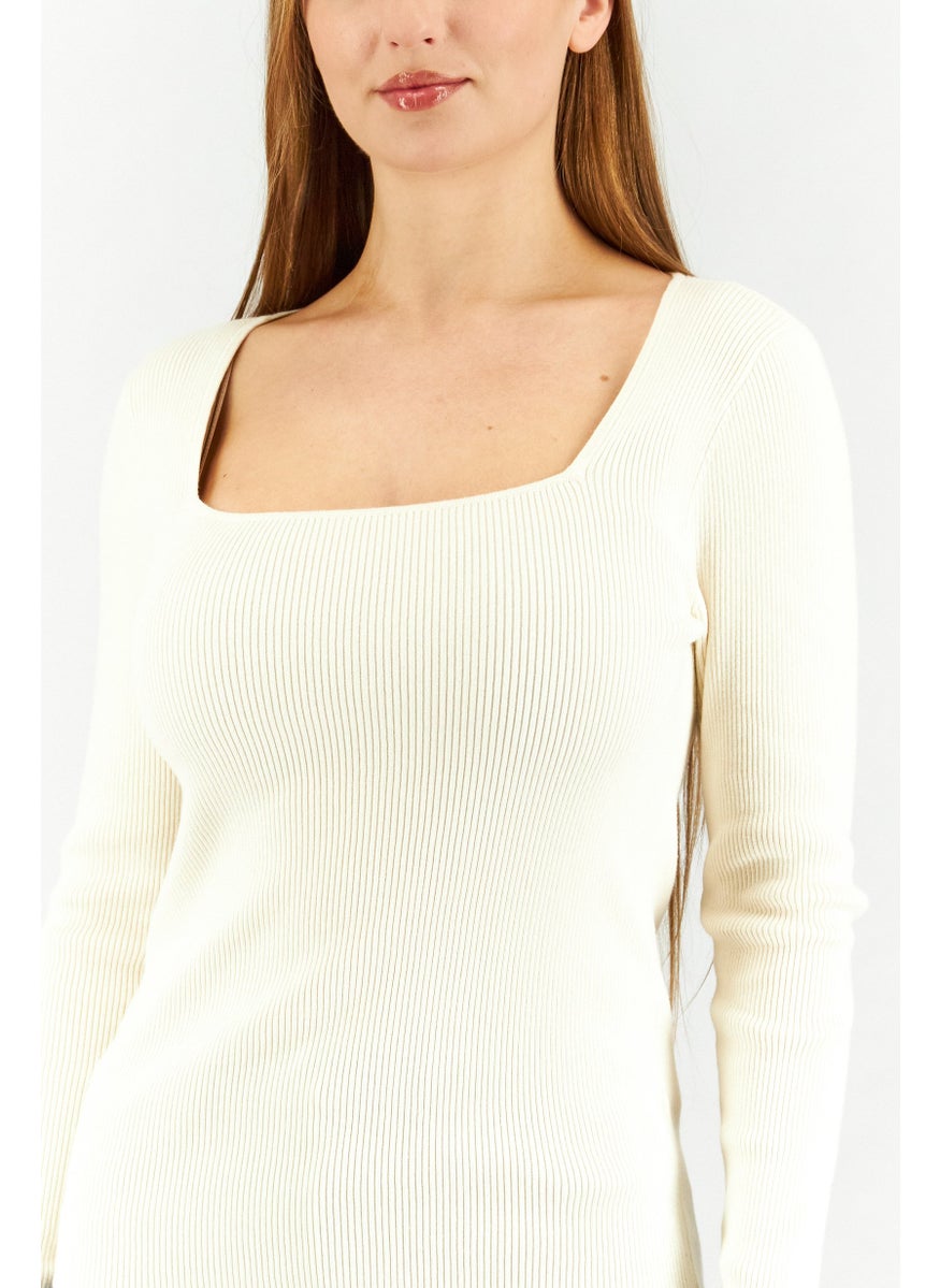 Women Square Neck Long Sleeve Plain Sweaters, Cream