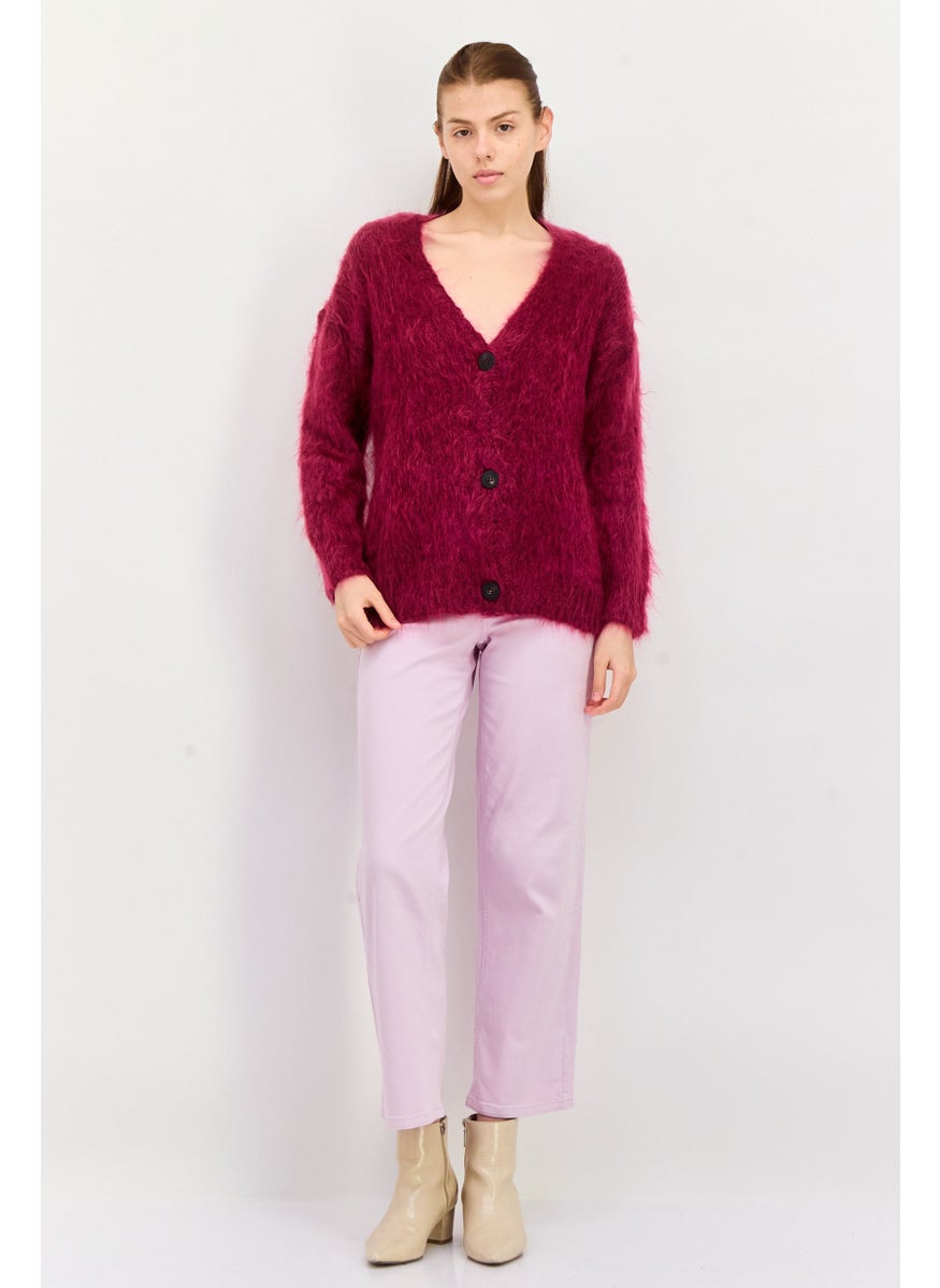Women Knitted Button Detail Cardigan, Maroon