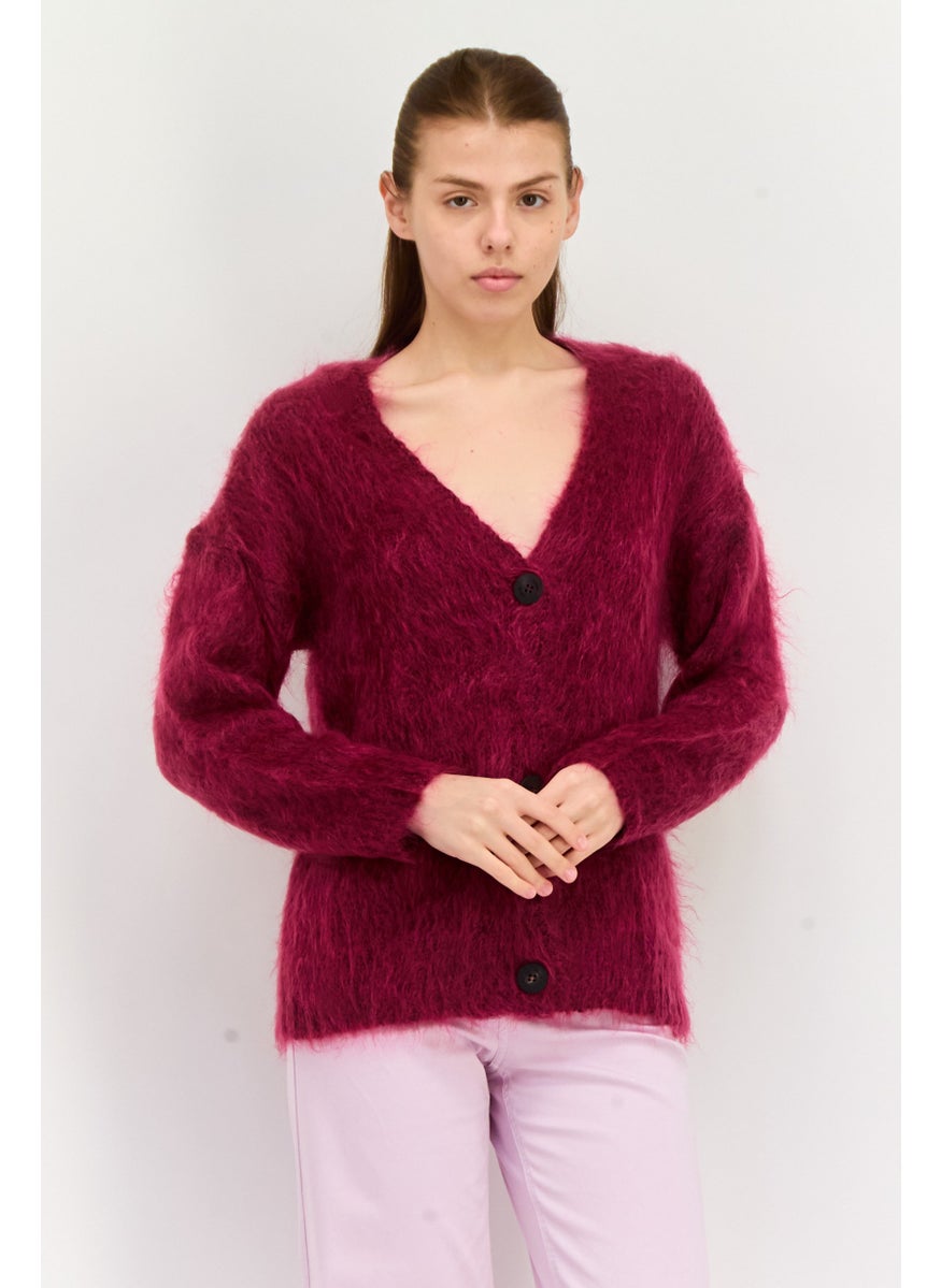 Women Knitted Button Detail Cardigan, Maroon