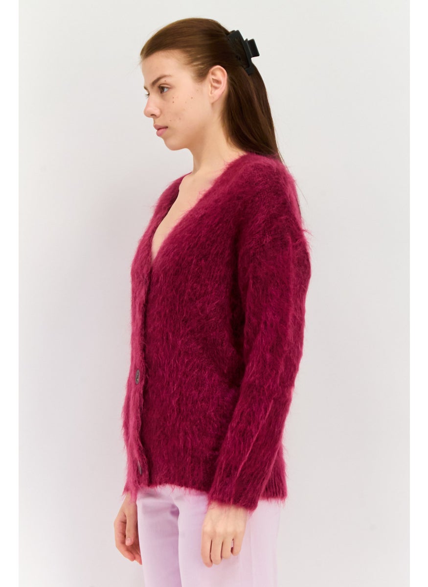 Women Knitted Button Detail Cardigan, Maroon