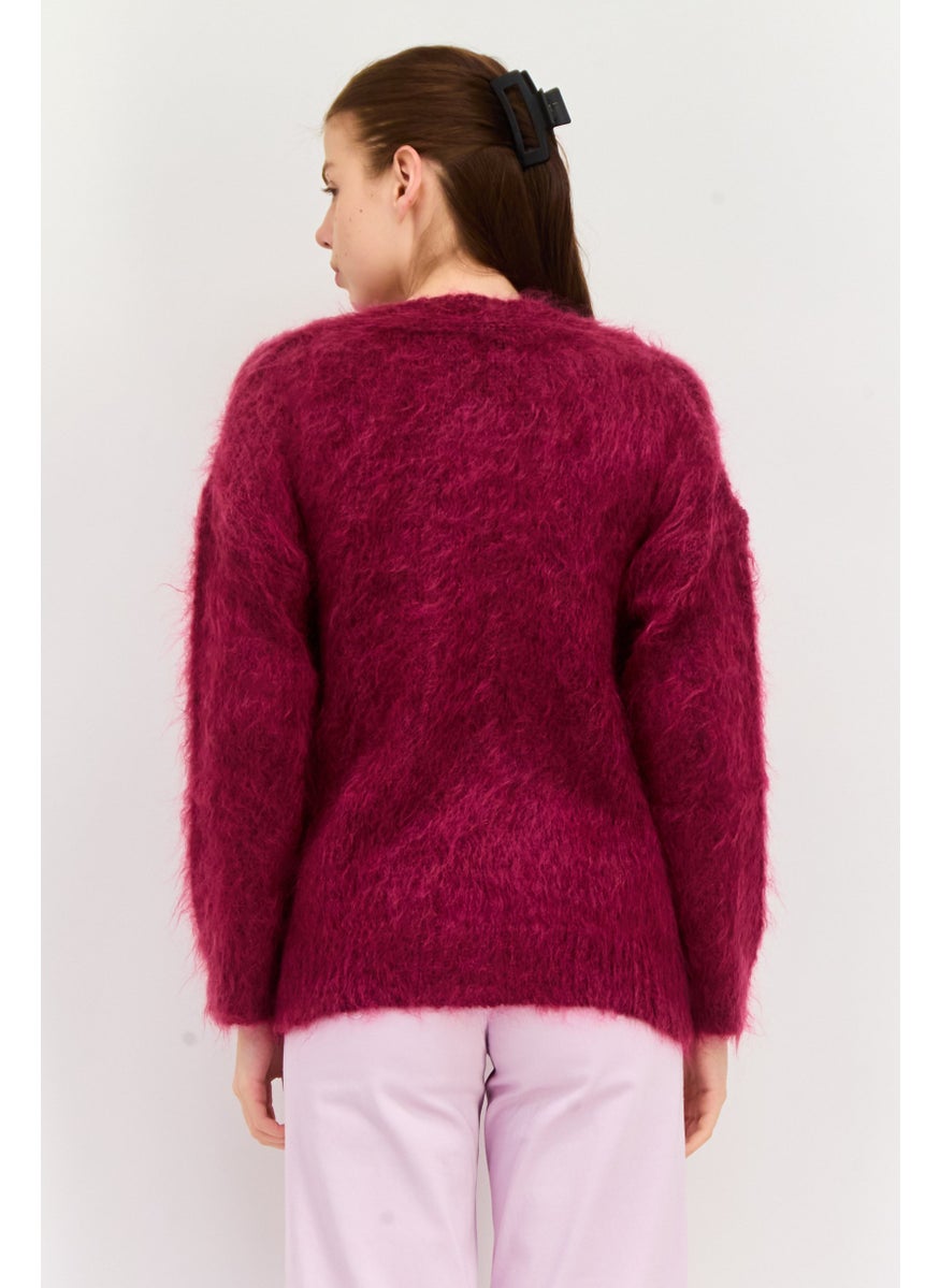 Women Knitted Button Detail Cardigan, Maroon
