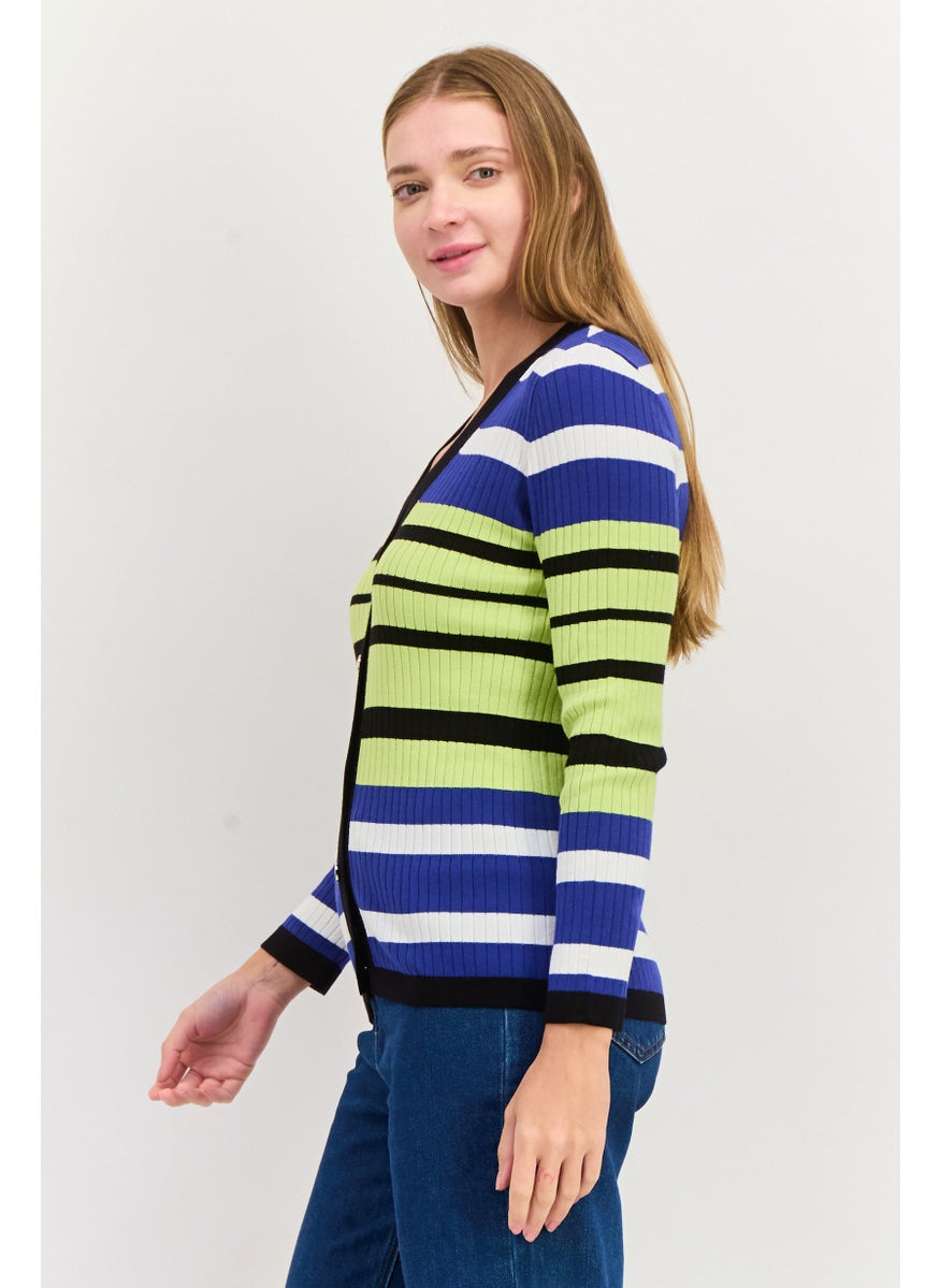 Women V-Neck Textured Cardigan, Blue