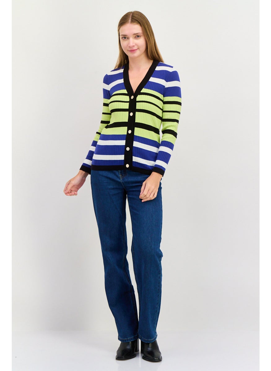 Women V-Neck Textured Cardigan, Blue