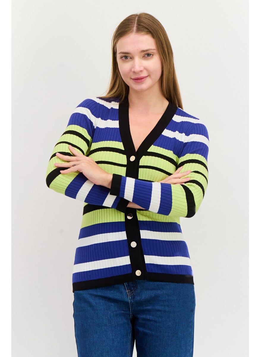 Women V-Neck Textured Cardigan, Blue