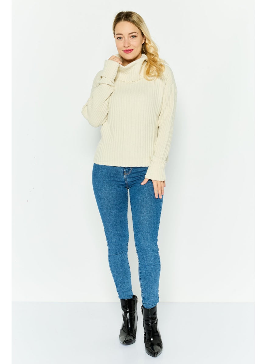 Women Turtle Neck Knit Rib Sweater, Beige