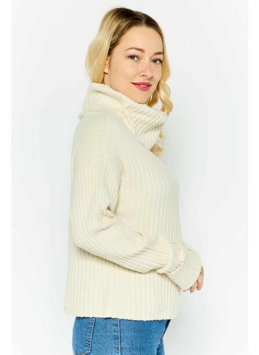 Women Turtle Neck Knit Rib Sweater, Beige
