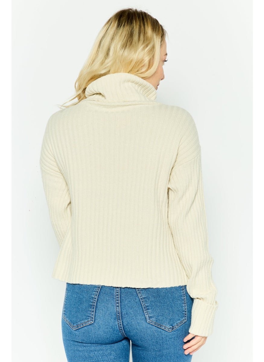 Women Turtle Neck Knit Rib Sweater, Beige