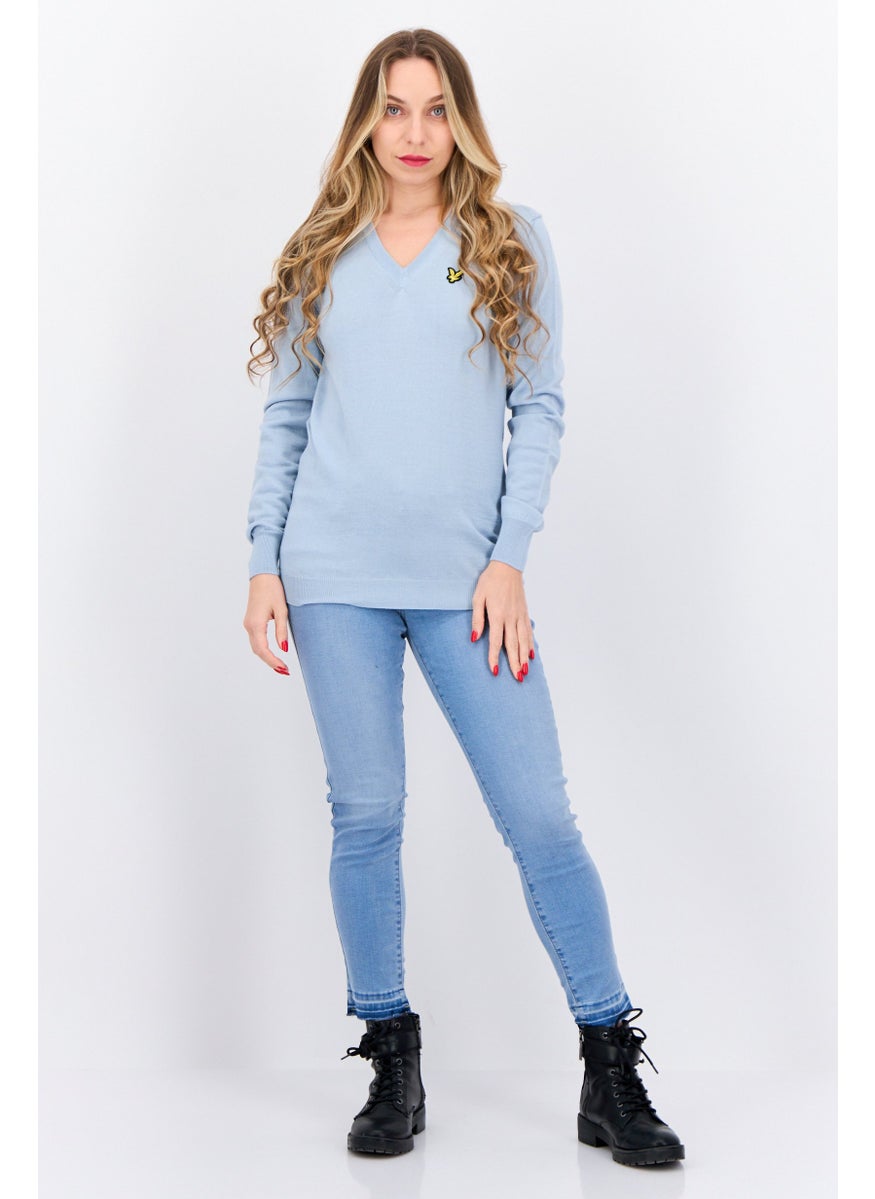 Women V-Neck Brand Logo Sweater, Club Blue