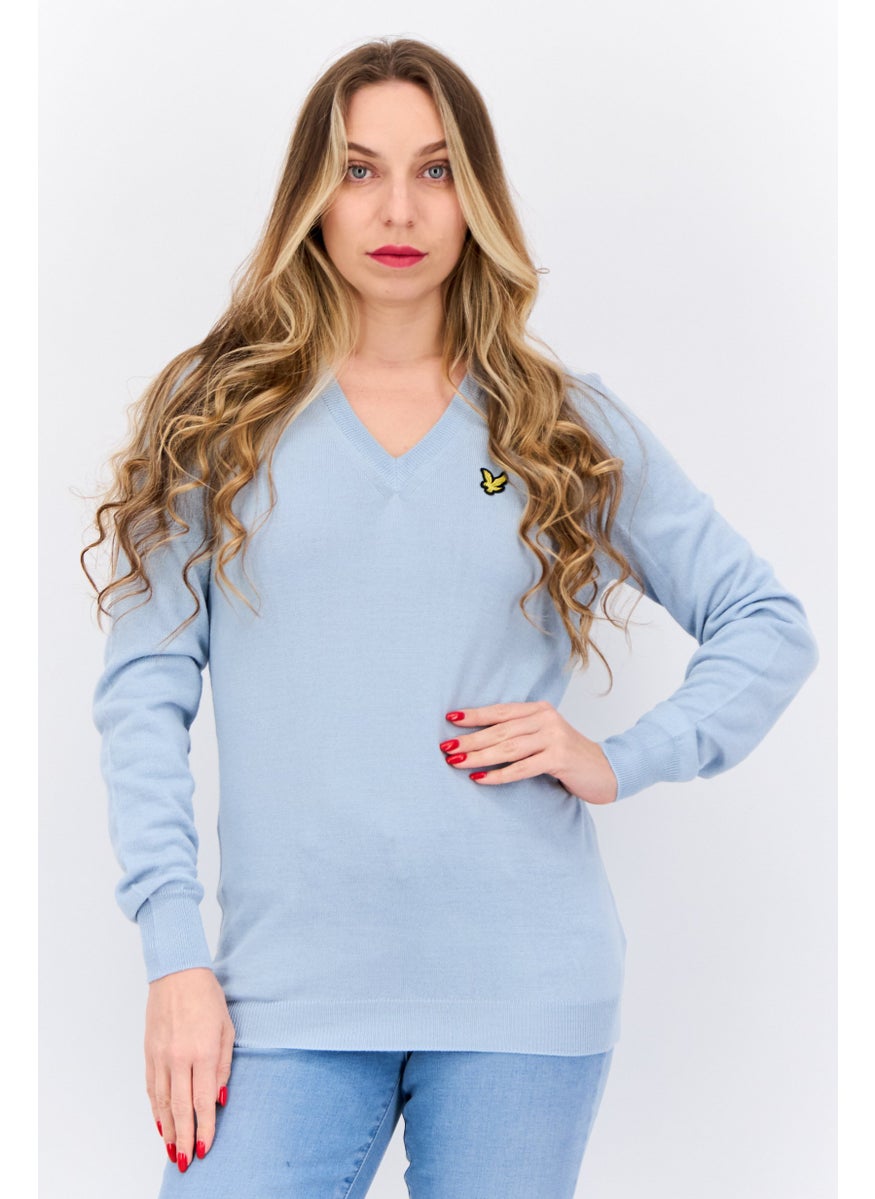 Women V-Neck Brand Logo Sweater, Club Blue