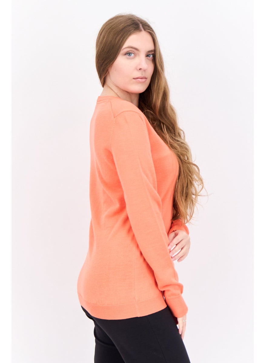 Women V-Neck Brand Logo Sweater, Coral