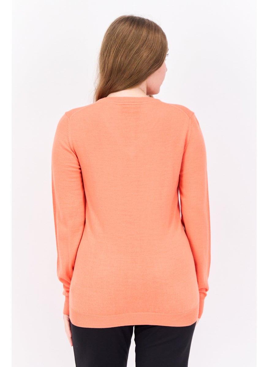 Women V-Neck Brand Logo Sweater, Coral