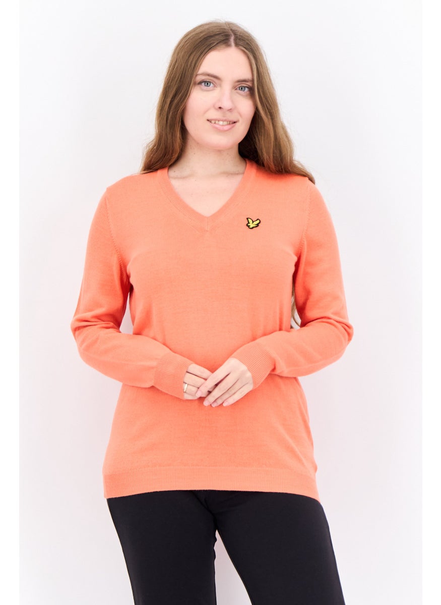 Women V-Neck Brand Logo Sweater, Coral