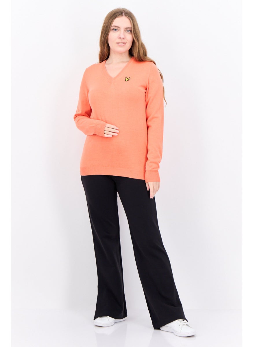 Women V-Neck Brand Logo Sweater, Coral