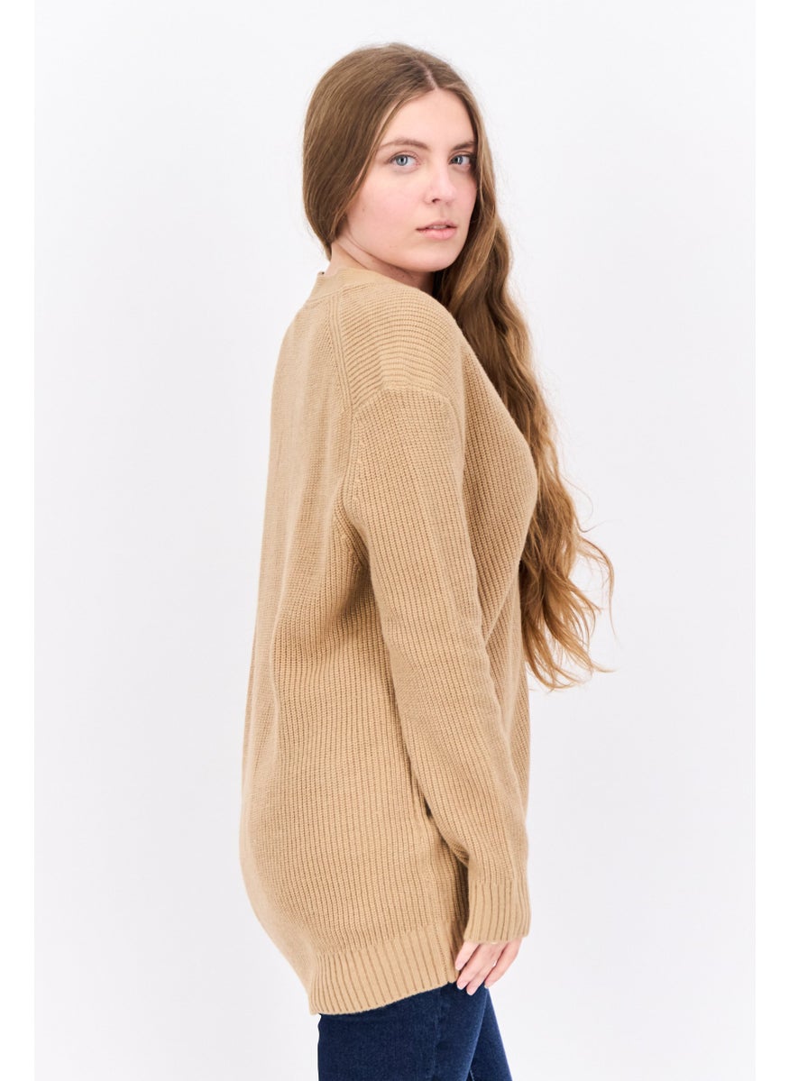 Women V-Neck Brand Logo Cardigan, Warm Tan