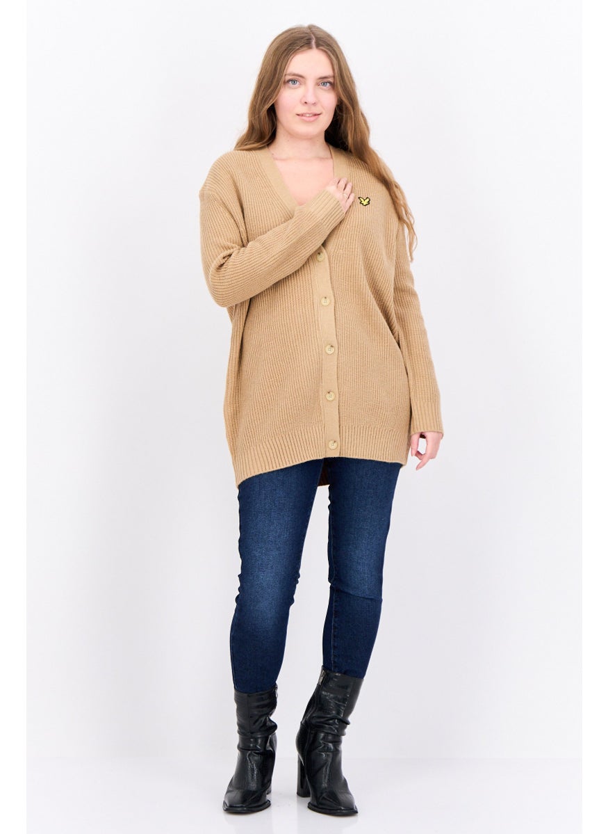 Women V-Neck Brand Logo Cardigan, Warm Tan